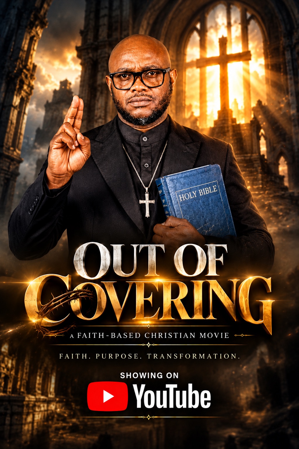 Out of Covering movie poster — a preacher holding a Bible in front of a glowing cross